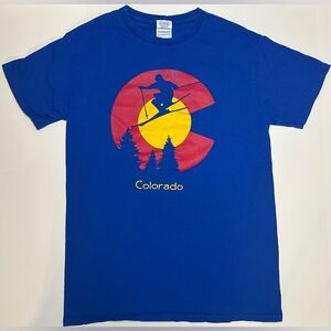 Colorado Flag Skiing Mountain Short Sleeve Graphic Tee Blue Size S